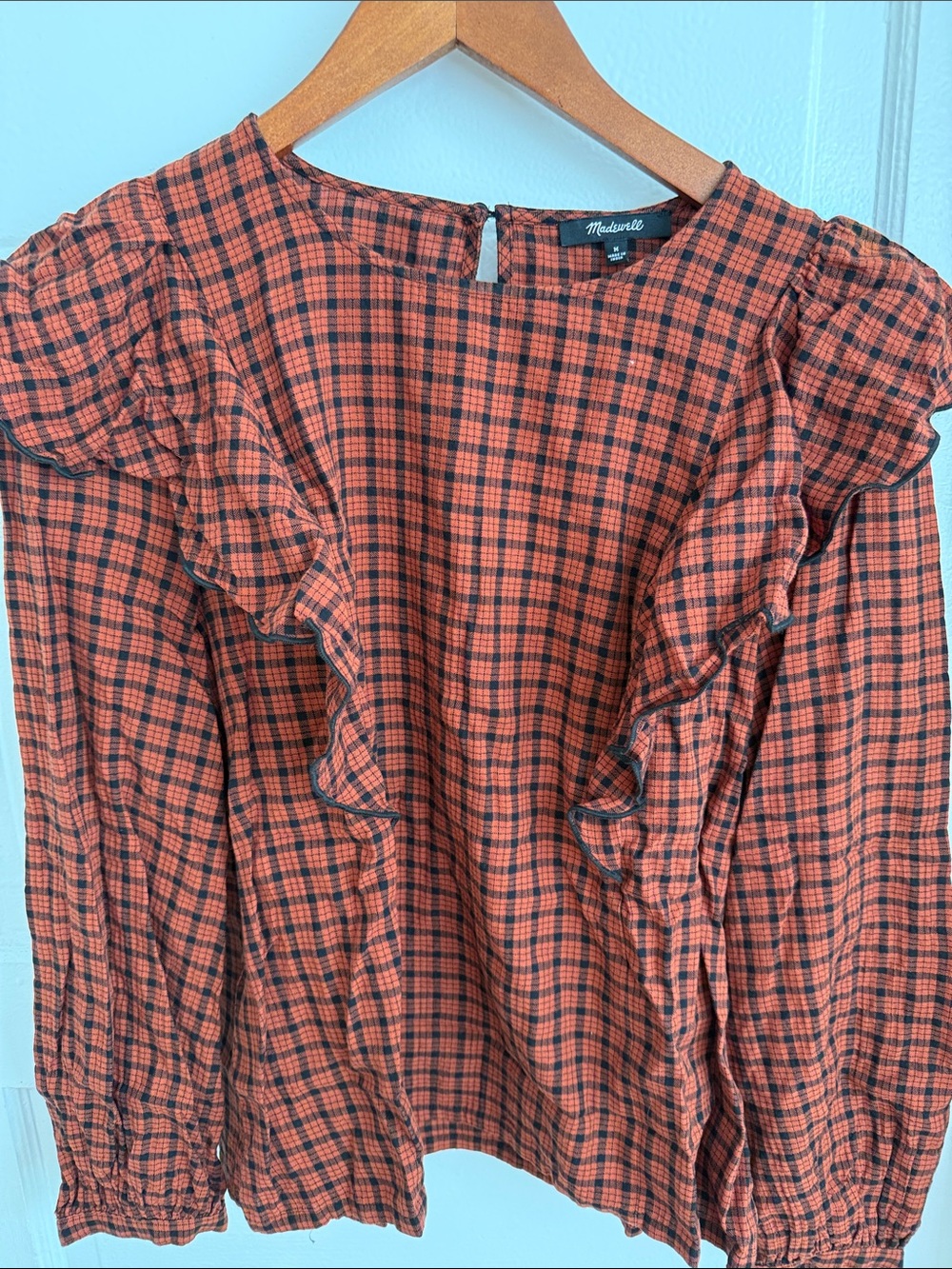 Madewell Rust Orange and Black Plaid Ruffle Top